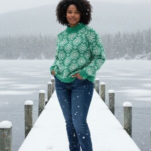 Old Navy Green Snowflake Sweater | XL | Cozy Holiday Winter Knit | Like New